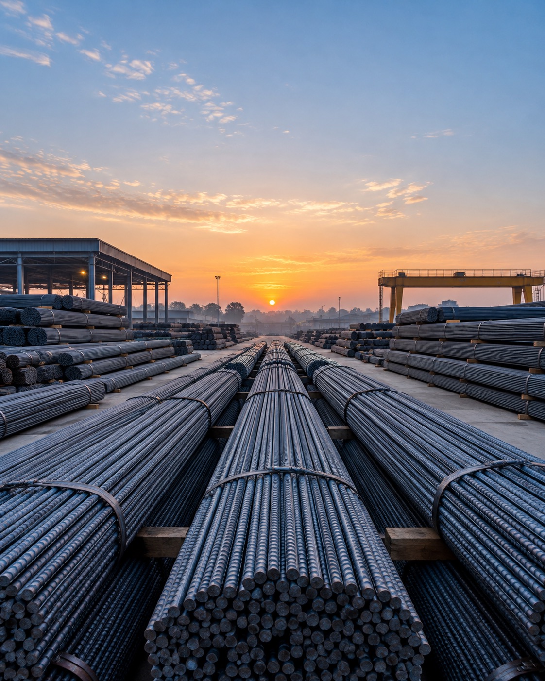 Rows of TMT bar bundles in a steel yard at sunrise