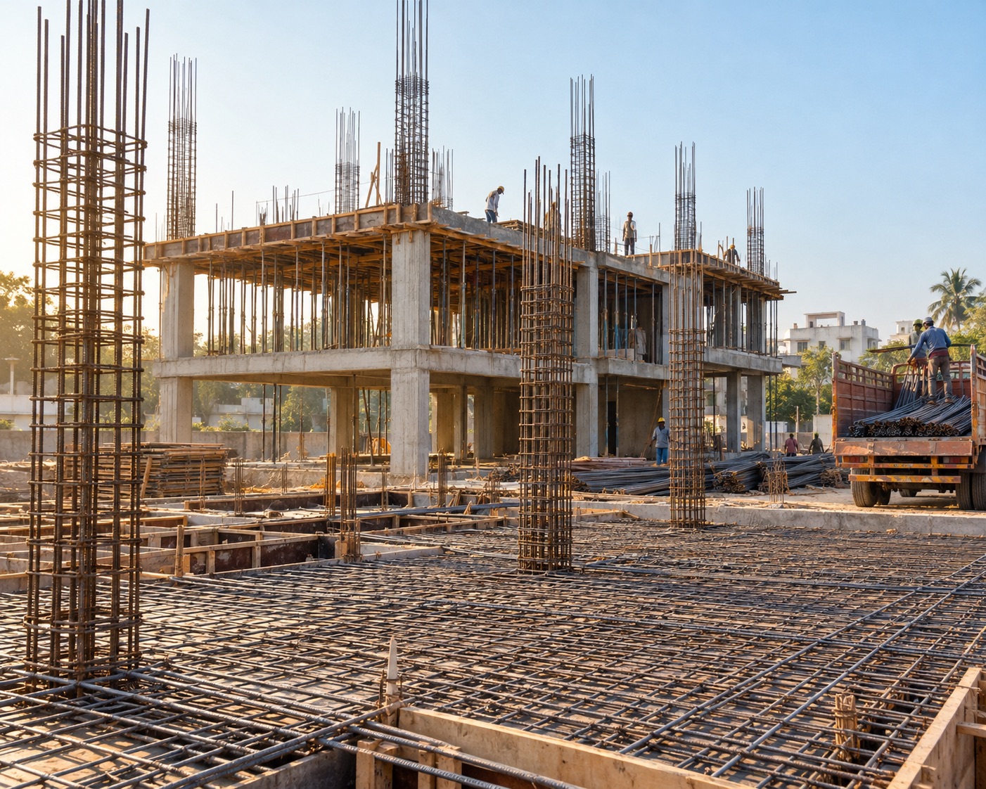 Rebar columns and slab mesh on a construction site